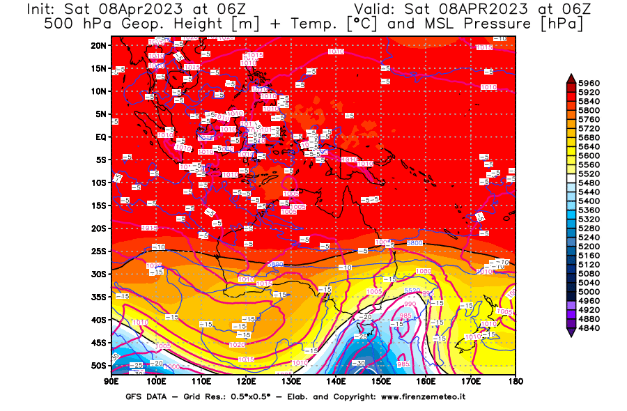 GFS analysi map - Geopotential [m] + Temp. [°C] at 500 hPa + Sea Level Pressure [hPa] in Oceania
									on 08/04/2023 06 <!--googleoff: index-->UTC<!--googleon: index-->