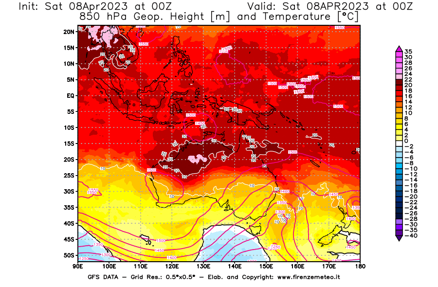 GFS analysi map - Geopotential [m] and Temperature [°C] at 850 hPa in Oceania
									on 08/04/2023 00 <!--googleoff: index-->UTC<!--googleon: index-->