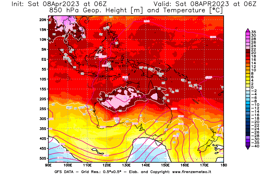 GFS analysi map - Geopotential [m] and Temperature [°C] at 850 hPa in Oceania
									on 08/04/2023 06 <!--googleoff: index-->UTC<!--googleon: index-->