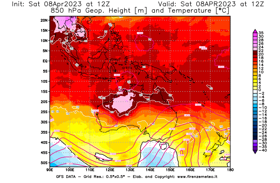GFS analysi map - Geopotential [m] and Temperature [°C] at 850 hPa in Oceania
									on 08/04/2023 12 <!--googleoff: index-->UTC<!--googleon: index-->