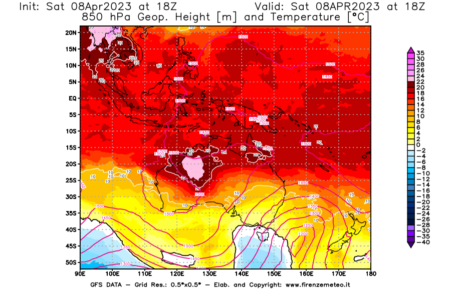 GFS analysi map - Geopotential [m] and Temperature [°C] at 850 hPa in Oceania
									on 08/04/2023 18 <!--googleoff: index-->UTC<!--googleon: index-->