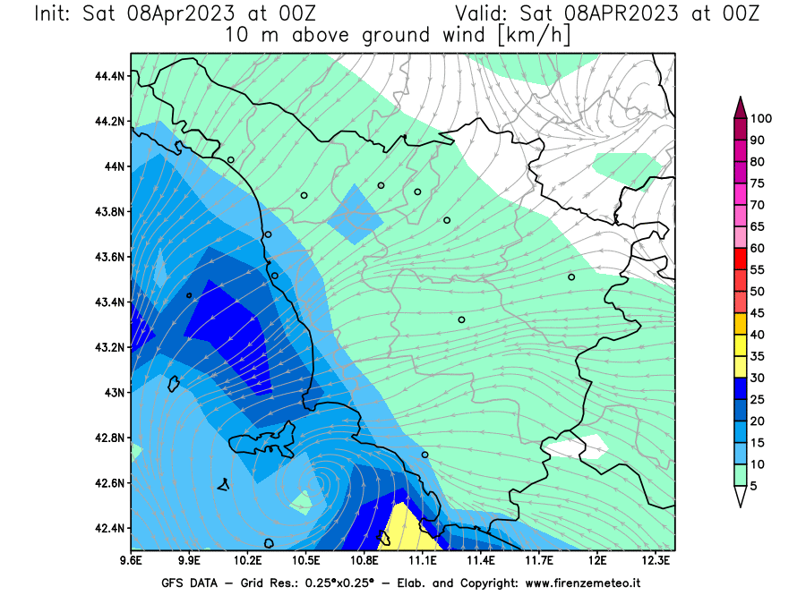 GFS analysi map - Wind Speed at 10 m above ground [km/h] in Tuscany
									on 08/04/2023 00 <!--googleoff: index-->UTC<!--googleon: index-->