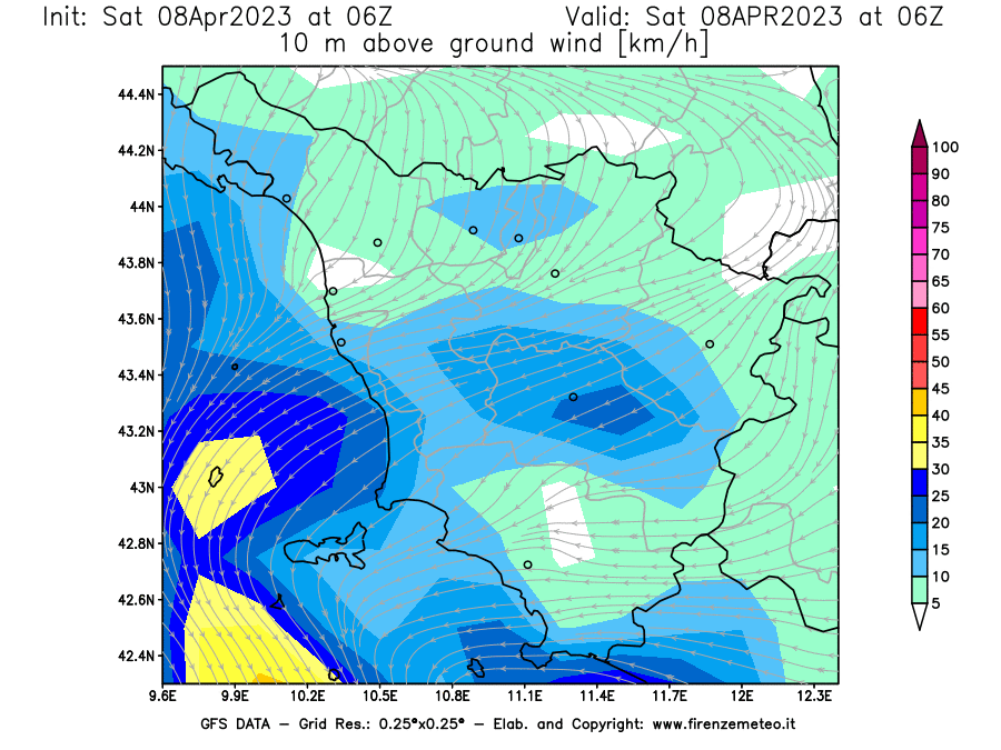 GFS analysi map - Wind Speed at 10 m above ground [km/h] in Tuscany
									on 08/04/2023 06 <!--googleoff: index-->UTC<!--googleon: index-->