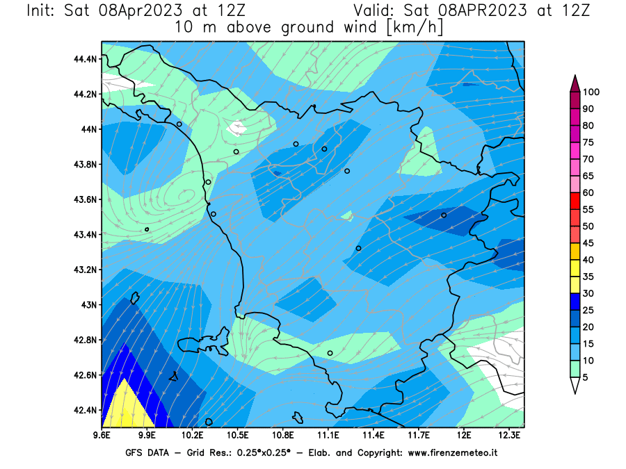 GFS analysi map - Wind Speed at 10 m above ground [km/h] in Tuscany
									on 08/04/2023 12 <!--googleoff: index-->UTC<!--googleon: index-->