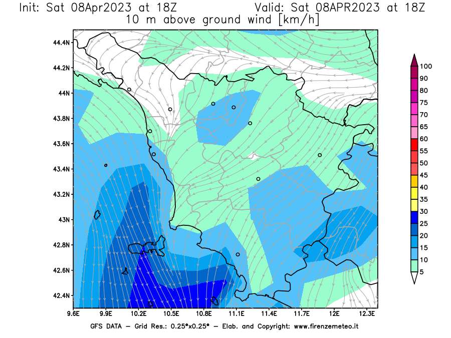 GFS analysi map - Wind Speed at 10 m above ground [km/h] in Tuscany
									on 08/04/2023 18 <!--googleoff: index-->UTC<!--googleon: index-->