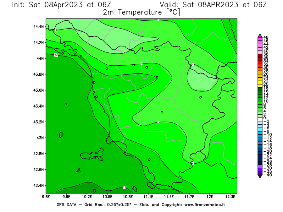 GFS analysi map - Temperature at 2 m above ground [°C] in Tuscany
									on 08/04/2023 06 <!--googleoff: index-->UTC<!--googleon: index-->