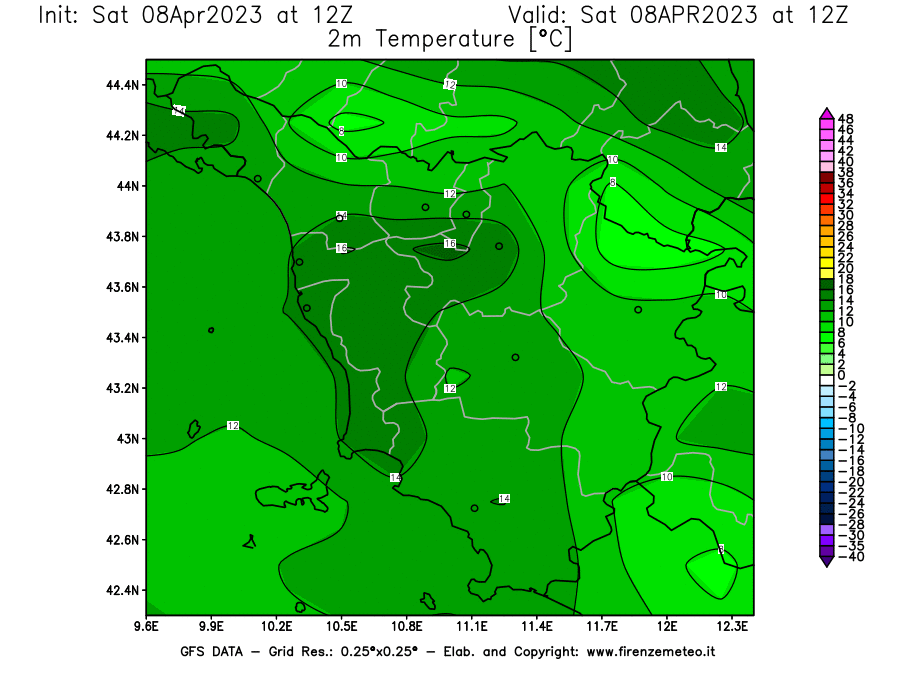 GFS analysi map - Temperature at 2 m above ground [°C] in Tuscany
									on 08/04/2023 12 <!--googleoff: index-->UTC<!--googleon: index-->