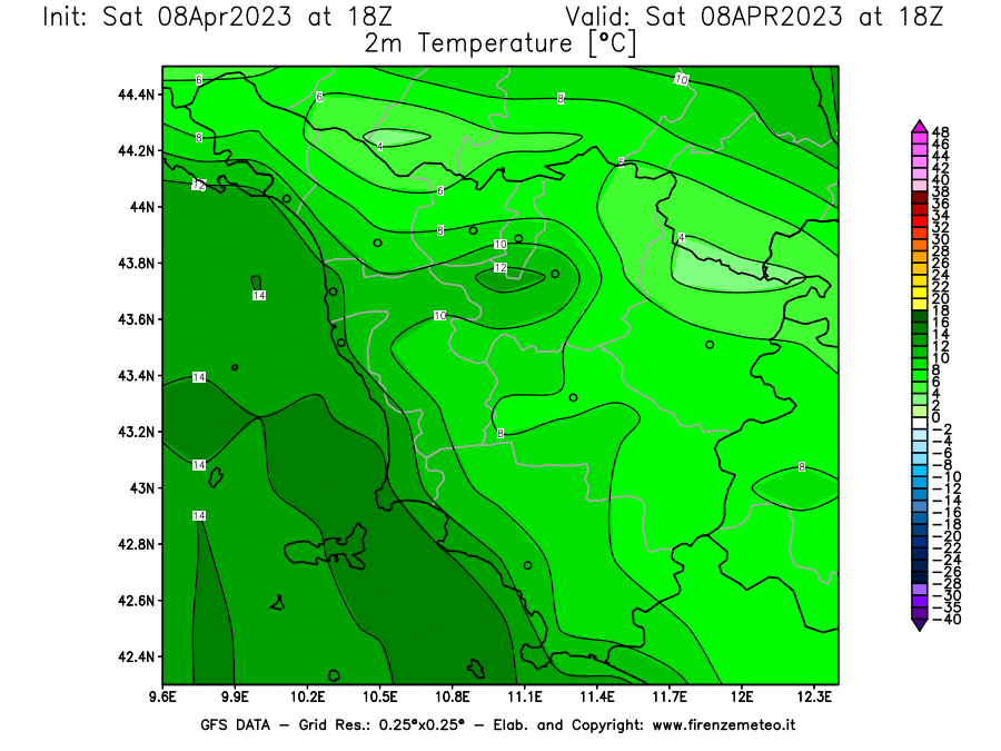 GFS analysi map - Temperature at 2 m above ground [°C] in Tuscany
									on 08/04/2023 18 <!--googleoff: index-->UTC<!--googleon: index-->