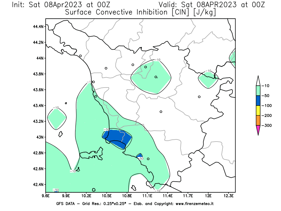 GFS analysi map - CIN [J/kg] in Tuscany
									on 08/04/2023 00 <!--googleoff: index-->UTC<!--googleon: index-->