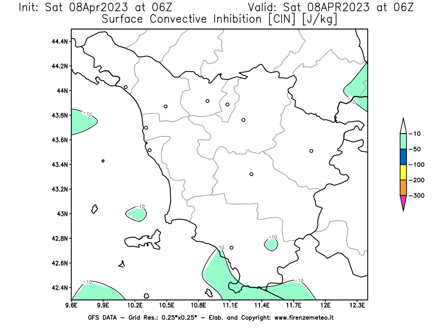 GFS analysi map - CIN [J/kg] in Tuscany
									on 08/04/2023 06 <!--googleoff: index-->UTC<!--googleon: index-->