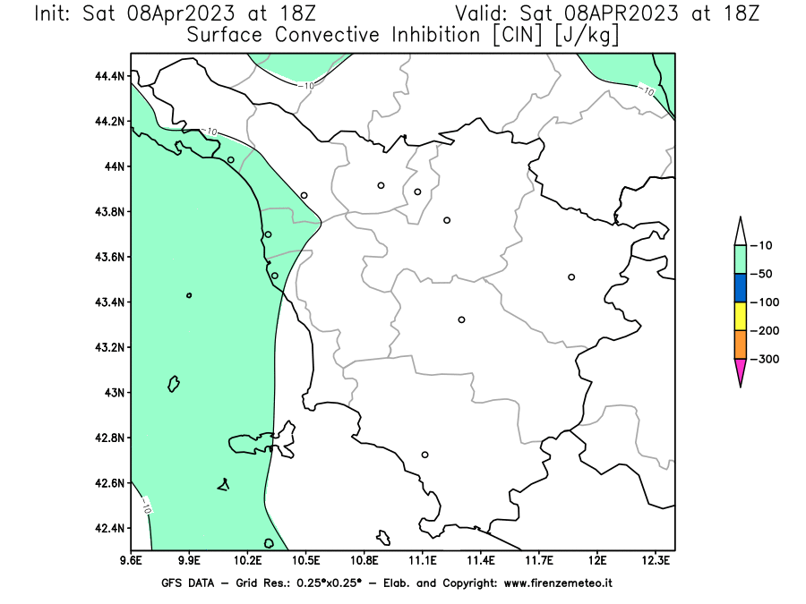 GFS analysi map - CIN [J/kg] in Tuscany
									on 08/04/2023 18 <!--googleoff: index-->UTC<!--googleon: index-->