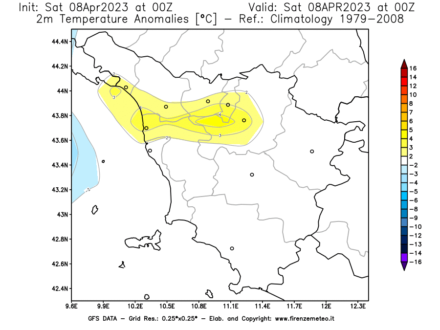 GFS analysi map - Temperature Anomalies [°C] at 2 m in Tuscany
									on 08/04/2023 00 <!--googleoff: index-->UTC<!--googleon: index-->
