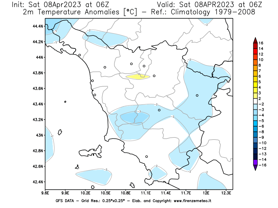 GFS analysi map - Temperature Anomalies [°C] at 2 m in Tuscany
									on 08/04/2023 06 <!--googleoff: index-->UTC<!--googleon: index-->