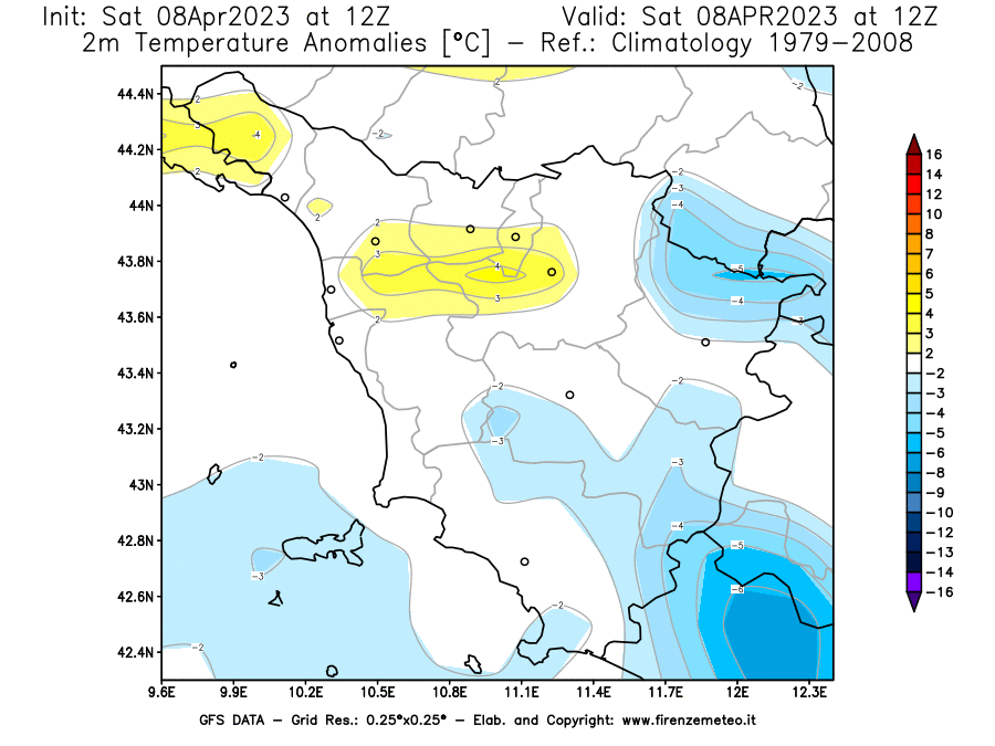 GFS analysi map - Temperature Anomalies [°C] at 2 m in Tuscany
									on 08/04/2023 12 <!--googleoff: index-->UTC<!--googleon: index-->