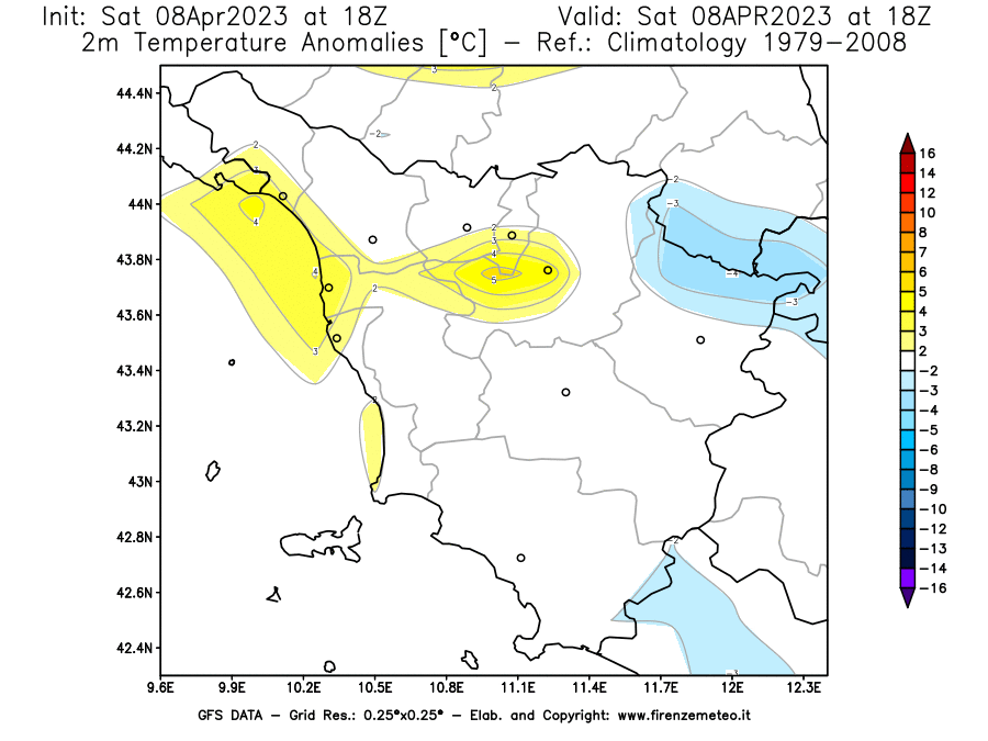 GFS analysi map - Temperature Anomalies [°C] at 2 m in Tuscany
									on 08/04/2023 18 <!--googleoff: index-->UTC<!--googleon: index-->