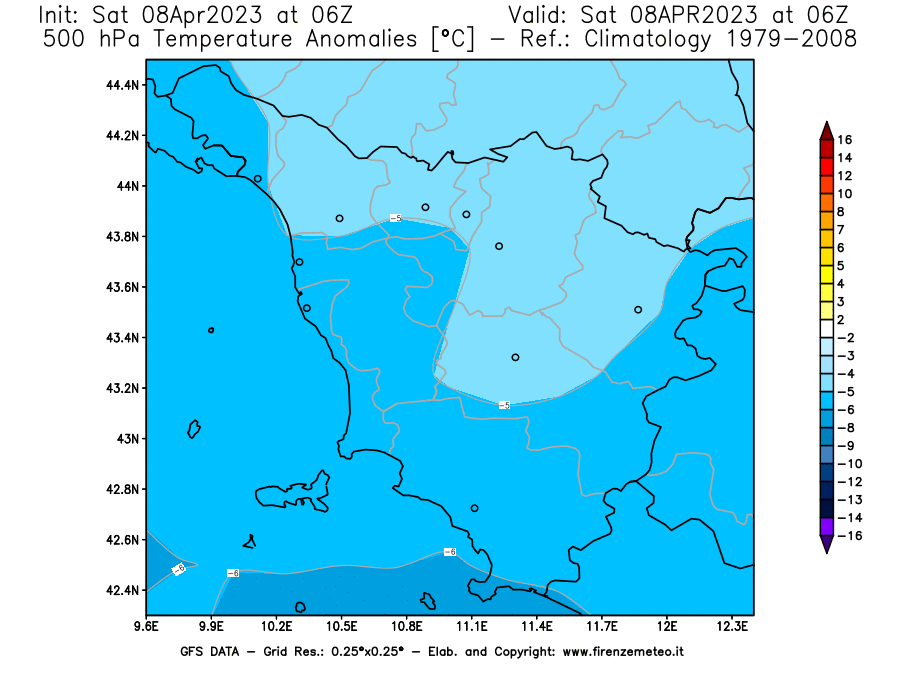 GFS analysi map - Temperature Anomalies [°C] at 500 hPa in Tuscany
									on 08/04/2023 06 <!--googleoff: index-->UTC<!--googleon: index-->