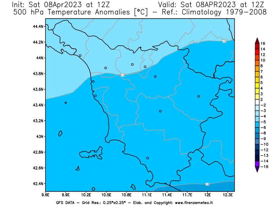 GFS analysi map - Temperature Anomalies [°C] at 500 hPa in Tuscany
									on 08/04/2023 12 <!--googleoff: index-->UTC<!--googleon: index-->