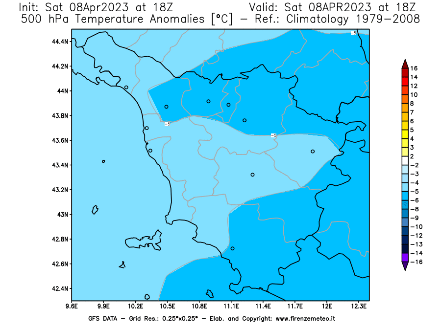 GFS analysi map - Temperature Anomalies [°C] at 500 hPa in Tuscany
									on 08/04/2023 18 <!--googleoff: index-->UTC<!--googleon: index-->