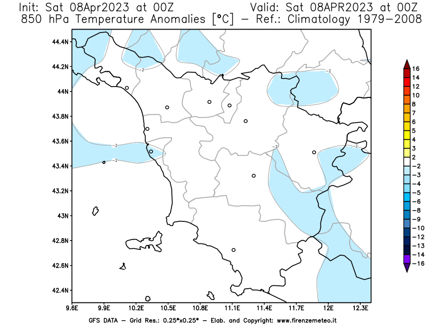GFS analysi map - Temperature Anomalies [°C] at 850 hPa in Tuscany
									on 08/04/2023 00 <!--googleoff: index-->UTC<!--googleon: index-->