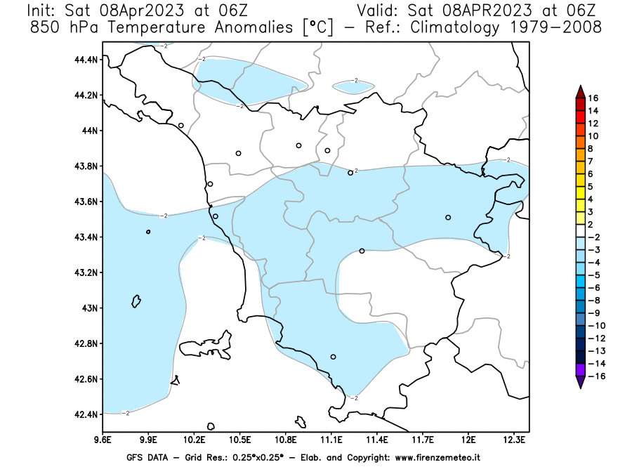 GFS analysi map - Temperature Anomalies [°C] at 850 hPa in Tuscany
									on 08/04/2023 06 <!--googleoff: index-->UTC<!--googleon: index-->