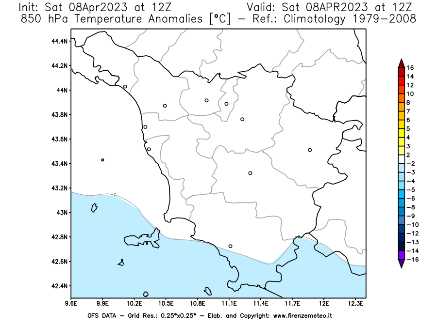 GFS analysi map - Temperature Anomalies [°C] at 850 hPa in Tuscany
									on 08/04/2023 12 <!--googleoff: index-->UTC<!--googleon: index-->