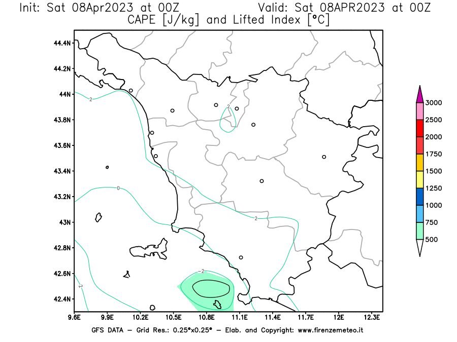 GFS analysi map - CAPE [J/kg] and Lifted Index [°C] in Tuscany
									on 08/04/2023 00 <!--googleoff: index-->UTC<!--googleon: index-->