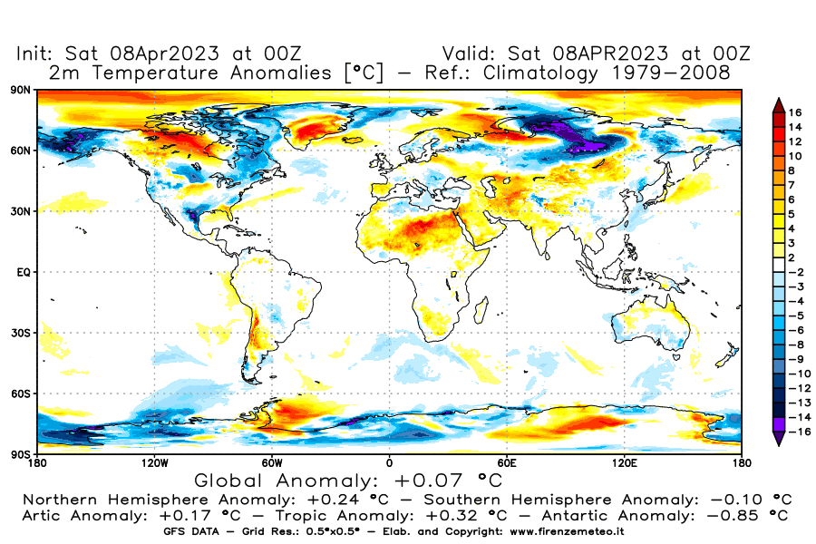 GFS analysi map - Temperature Anomalies [°C] at 2 m in World
									on 08/04/2023 00 <!--googleoff: index-->UTC<!--googleon: index-->