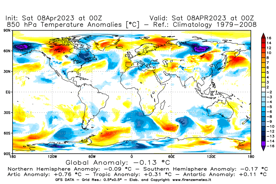 GFS analysi map - Temperature Anomalies [°C] at 850 hPa in World
									on 08/04/2023 00 <!--googleoff: index-->UTC<!--googleon: index-->