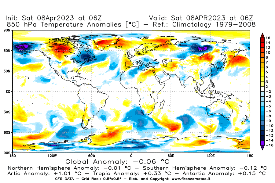 GFS analysi map - Temperature Anomalies [°C] at 850 hPa in World
									on 08/04/2023 06 <!--googleoff: index-->UTC<!--googleon: index-->