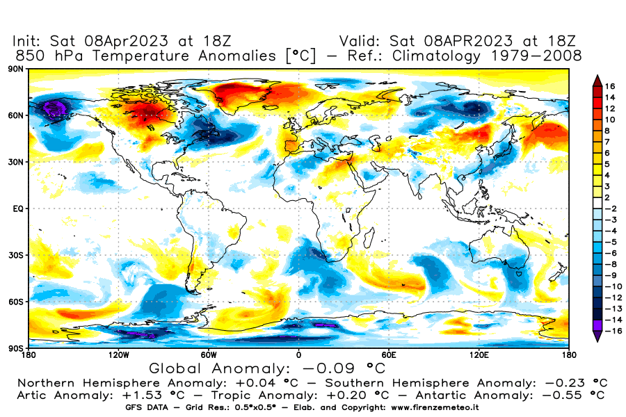 GFS analysi map - Temperature Anomalies [°C] at 850 hPa in World
									on 08/04/2023 18 <!--googleoff: index-->UTC<!--googleon: index-->