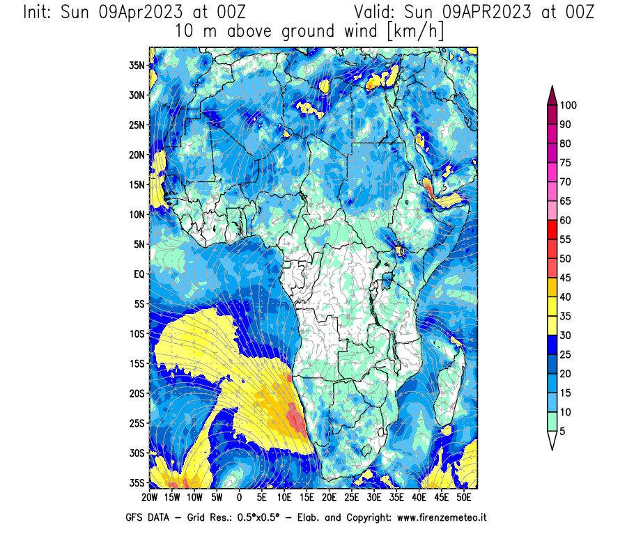 GFS analysi map - Wind Speed at 10 m above ground [km/h] in Africa
									on 09/04/2023 00 <!--googleoff: index-->UTC<!--googleon: index-->