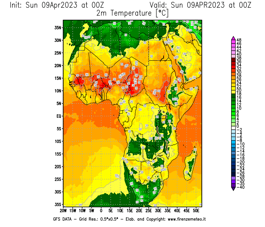 GFS analysi map - Temperature at 2 m above ground [°C] in Africa
									on 09/04/2023 00 <!--googleoff: index-->UTC<!--googleon: index-->