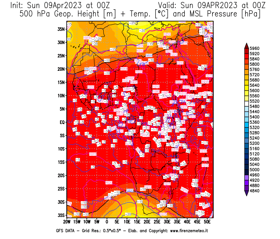 GFS analysi map - Geopotential [m] + Temp. [°C] at 500 hPa + Sea Level Pressure [hPa] in Africa
									on 09/04/2023 00 <!--googleoff: index-->UTC<!--googleon: index-->