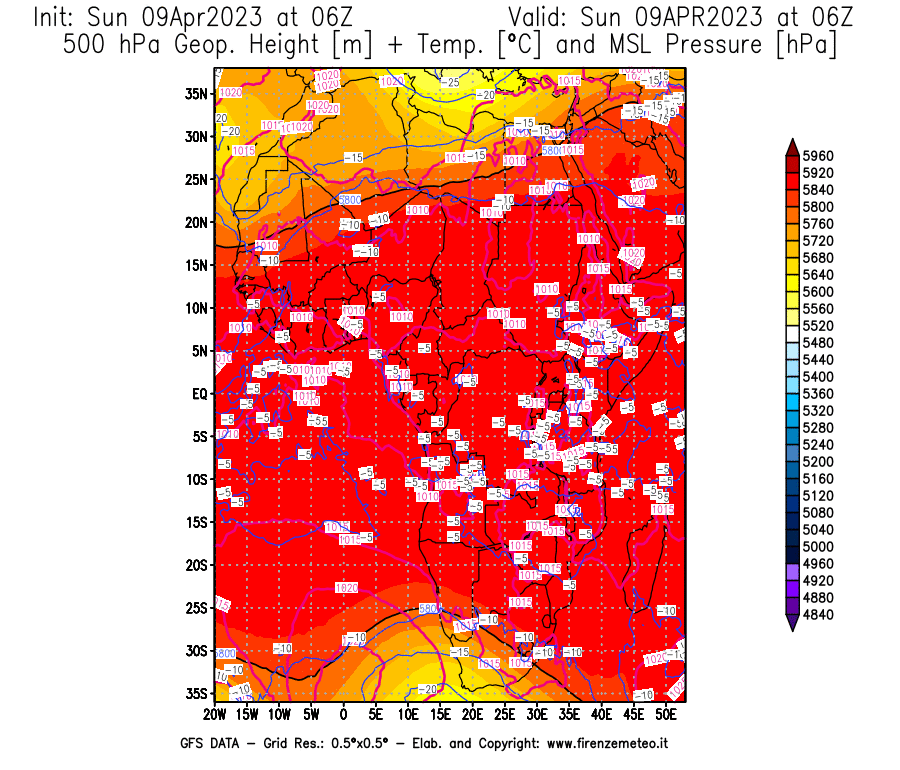 GFS analysi map - Geopotential [m] + Temp. [°C] at 500 hPa + Sea Level Pressure [hPa] in Africa
									on 09/04/2023 06 <!--googleoff: index-->UTC<!--googleon: index-->