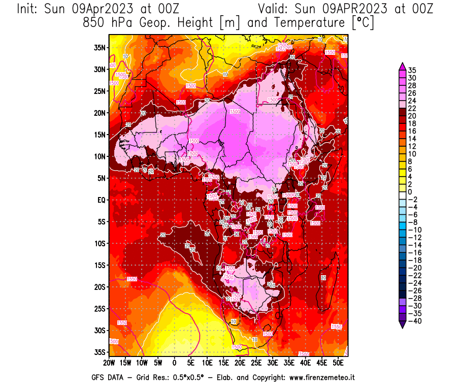 GFS analysi map - Geopotential [m] and Temperature [°C] at 850 hPa in Africa
									on 09/04/2023 00 <!--googleoff: index-->UTC<!--googleon: index-->