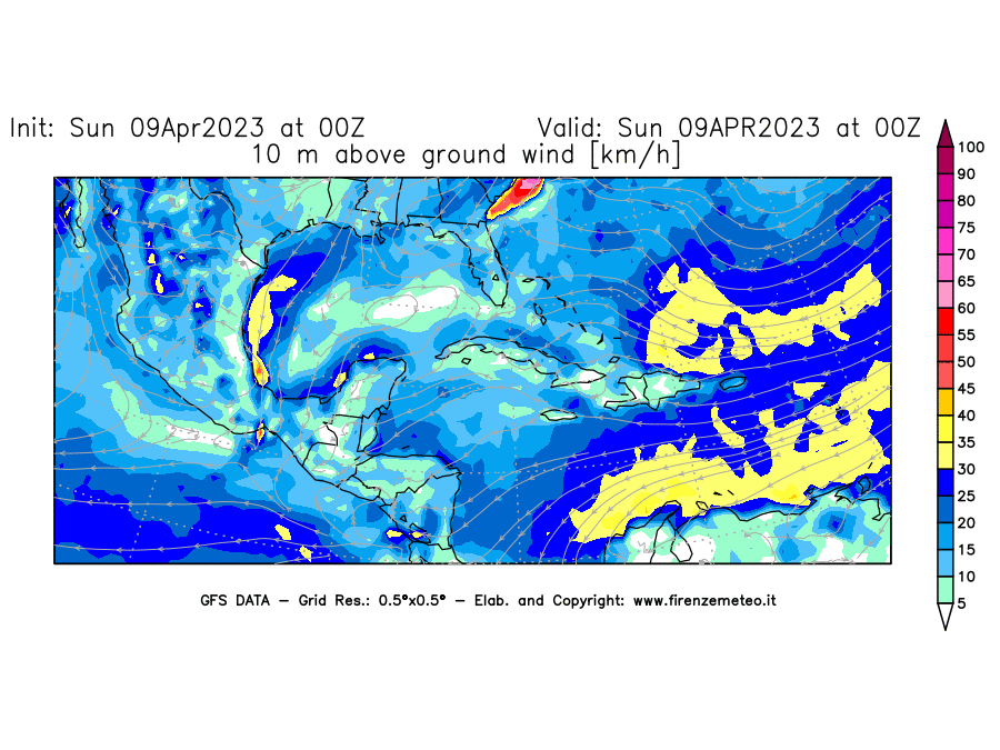 GFS analysi map - Wind Speed at 10 m above ground [km/h] in Central America
									on 09/04/2023 00 <!--googleoff: index-->UTC<!--googleon: index-->