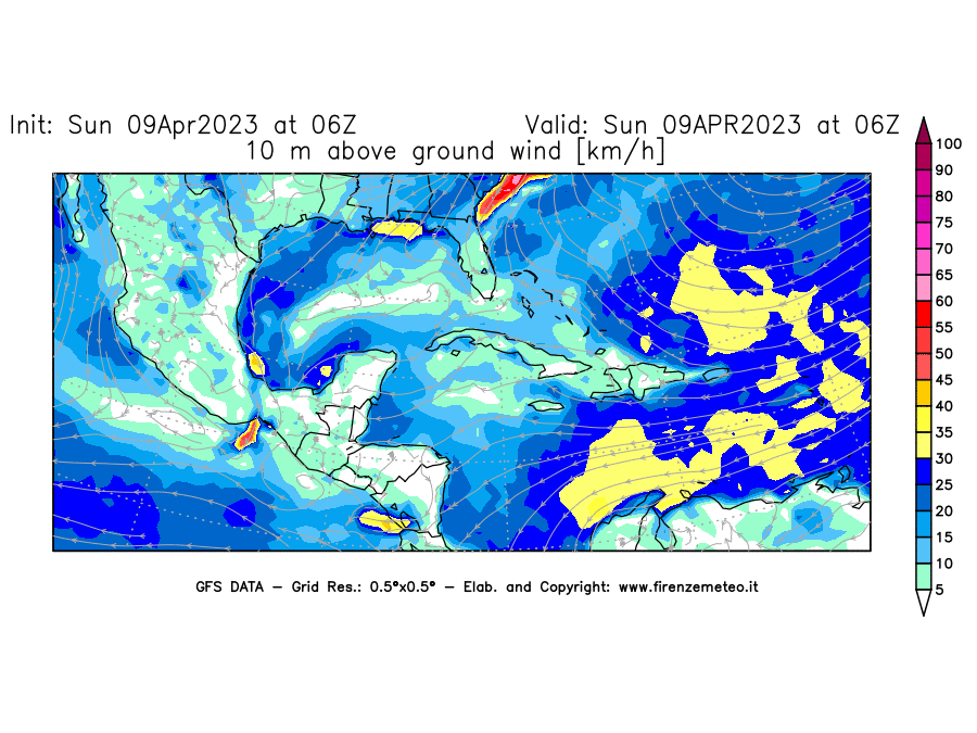 GFS analysi map - Wind Speed at 10 m above ground [km/h] in Central America
									on 09/04/2023 06 <!--googleoff: index-->UTC<!--googleon: index-->