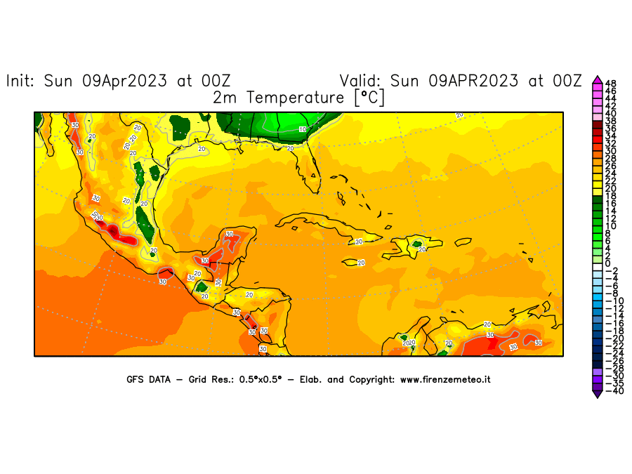 GFS analysi map - Temperature at 2 m above ground [°C] in Central America
									on 09/04/2023 00 <!--googleoff: index-->UTC<!--googleon: index-->