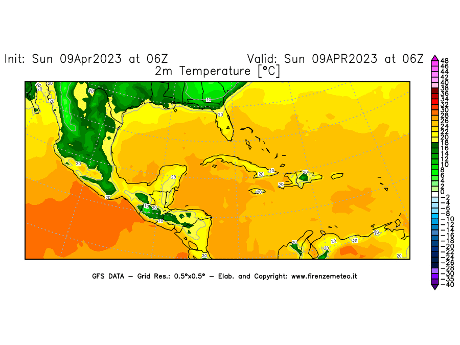 GFS analysi map - Temperature at 2 m above ground [°C] in Central America
									on 09/04/2023 06 <!--googleoff: index-->UTC<!--googleon: index-->