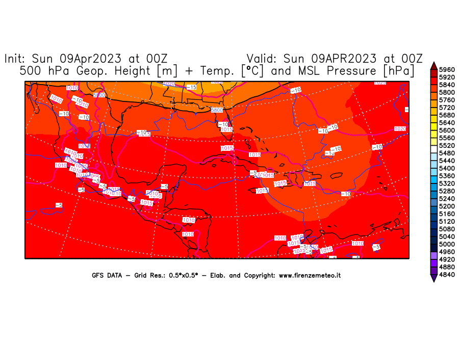 GFS analysi map - Geopotential [m] + Temp. [°C] at 500 hPa + Sea Level Pressure [hPa] in Central America
									on 09/04/2023 00 <!--googleoff: index-->UTC<!--googleon: index-->