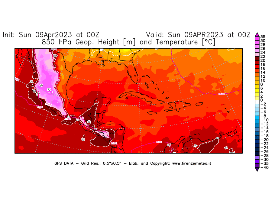 GFS analysi map - Geopotential [m] and Temperature [°C] at 850 hPa in Central America
									on 09/04/2023 00 <!--googleoff: index-->UTC<!--googleon: index-->