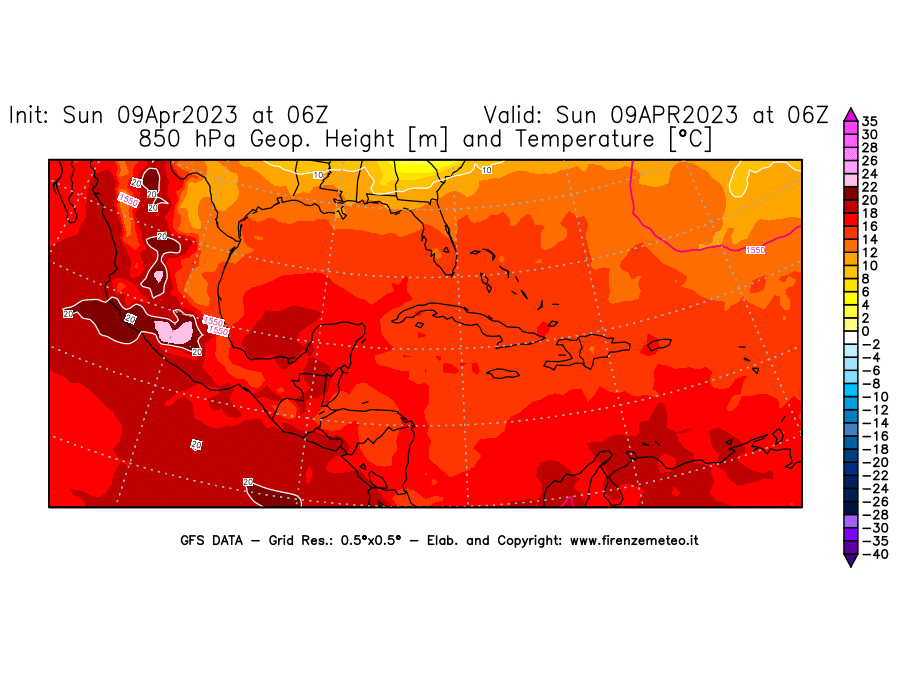 GFS analysi map - Geopotential [m] and Temperature [°C] at 850 hPa in Central America
									on 09/04/2023 06 <!--googleoff: index-->UTC<!--googleon: index-->