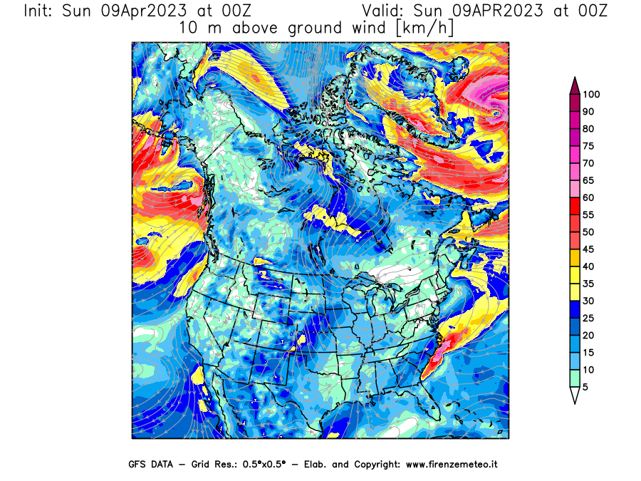 GFS analysi map - Wind Speed at 10 m above ground [km/h] in North America
									on 09/04/2023 00 <!--googleoff: index-->UTC<!--googleon: index-->