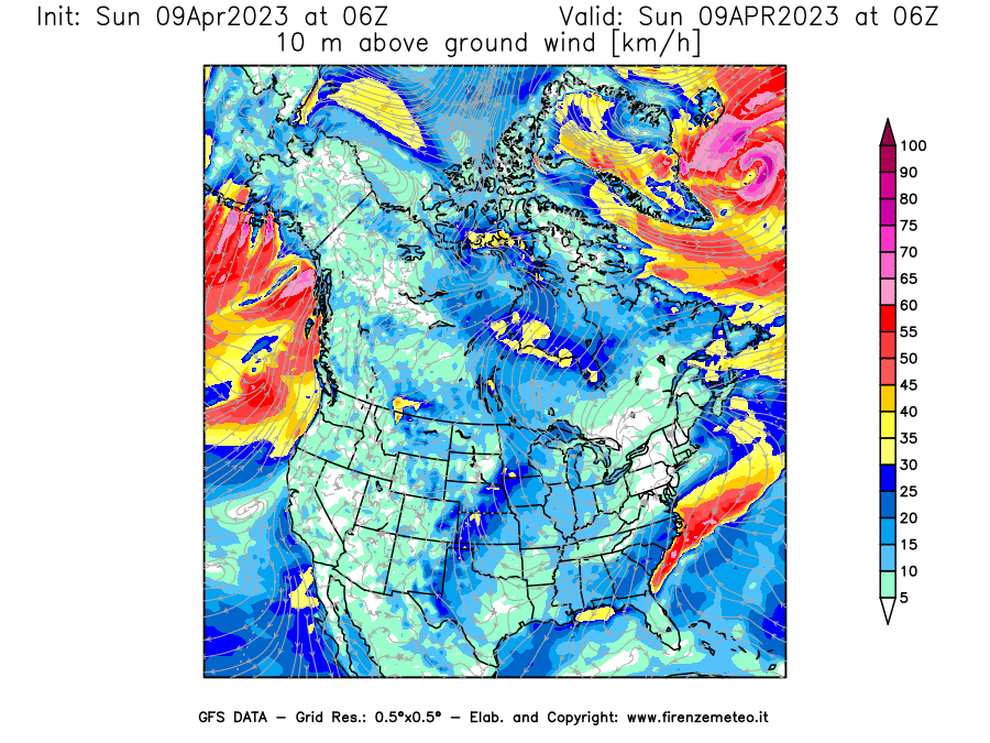 GFS analysi map - Wind Speed at 10 m above ground [km/h] in North America
									on 09/04/2023 06 <!--googleoff: index-->UTC<!--googleon: index-->
