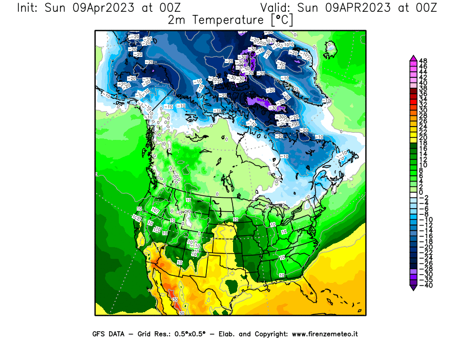 GFS analysi map - Temperature at 2 m above ground [°C] in North America
									on 09/04/2023 00 <!--googleoff: index-->UTC<!--googleon: index-->