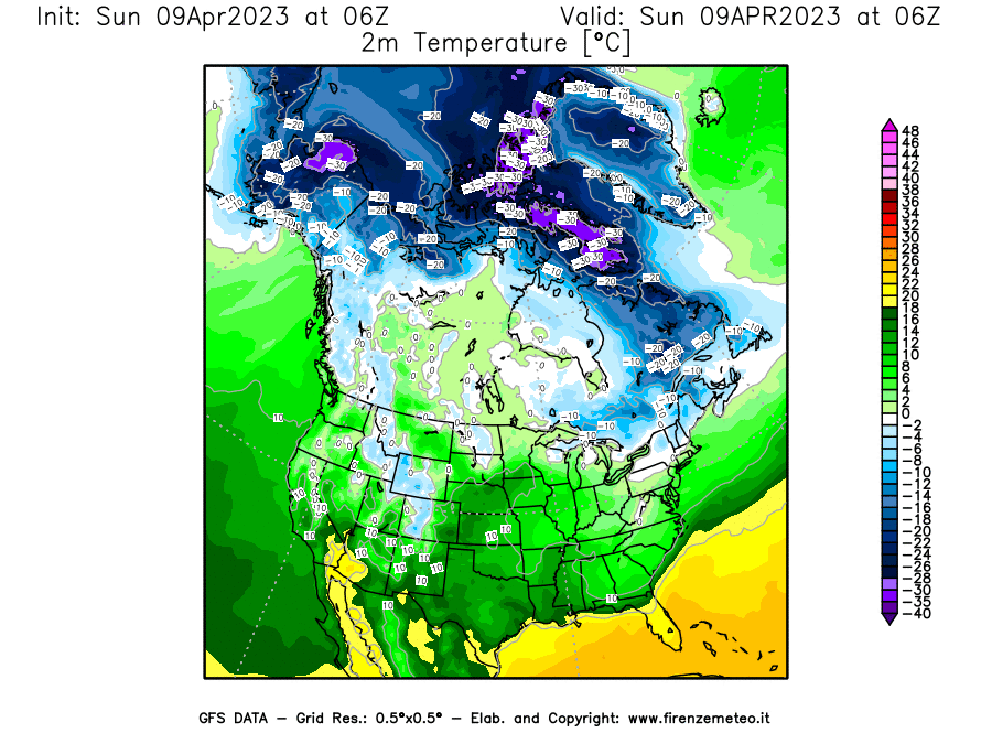 GFS analysi map - Temperature at 2 m above ground [°C] in North America
									on 09/04/2023 06 <!--googleoff: index-->UTC<!--googleon: index-->
