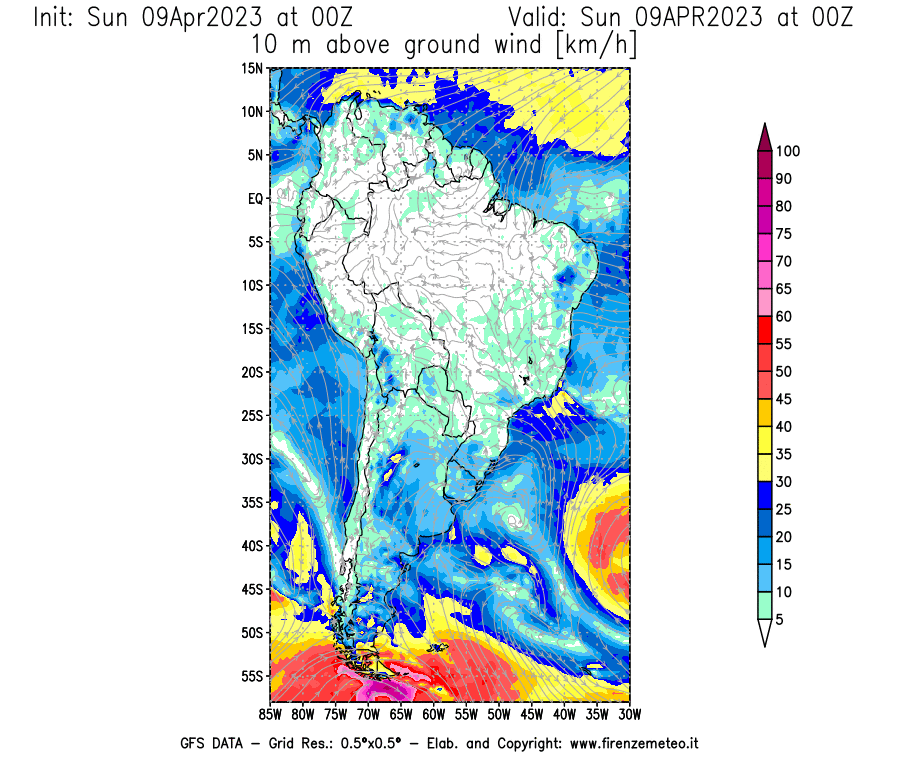 GFS analysi map - Wind Speed at 10 m above ground [km/h] in South America
									on 09/04/2023 00 <!--googleoff: index-->UTC<!--googleon: index-->