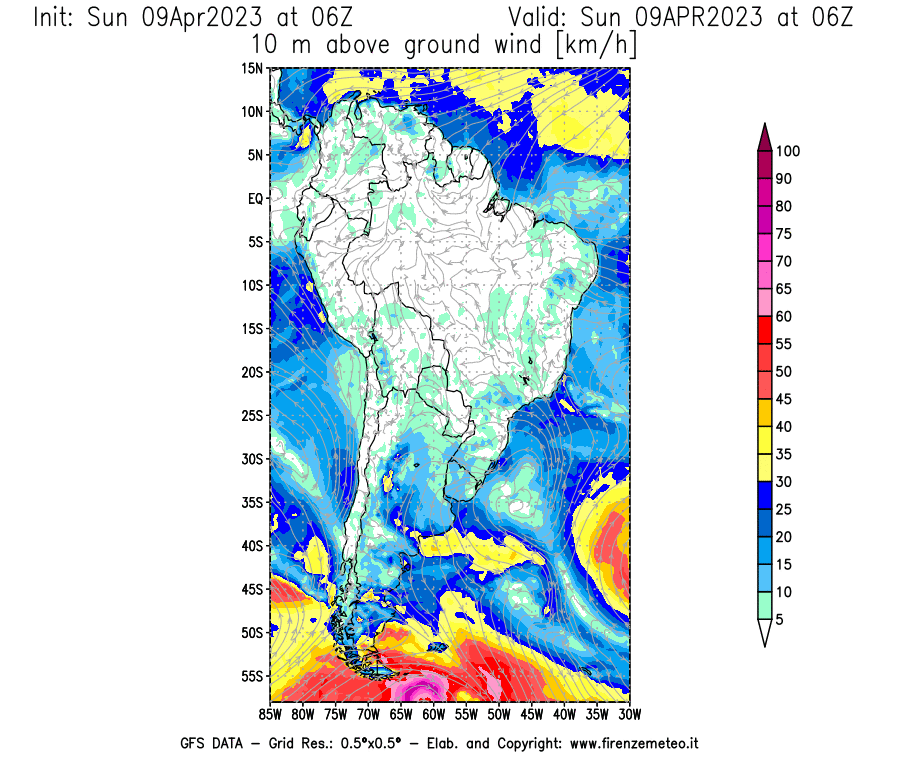 GFS analysi map - Wind Speed at 10 m above ground [km/h] in South America
									on 09/04/2023 06 <!--googleoff: index-->UTC<!--googleon: index-->