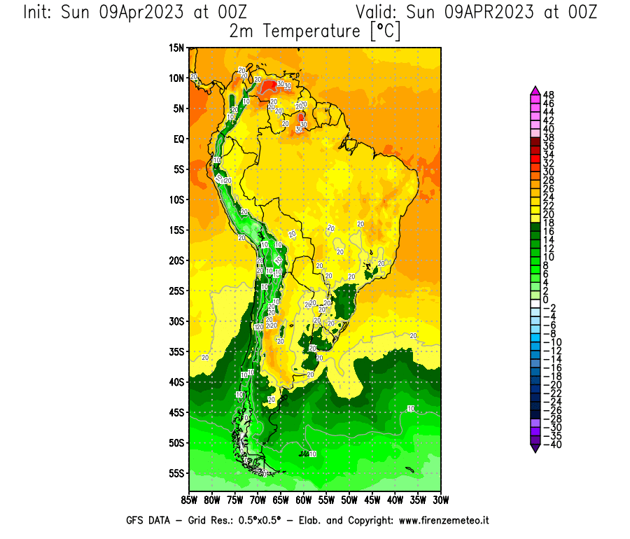 GFS analysi map - Temperature at 2 m above ground [°C] in South America
									on 09/04/2023 00 <!--googleoff: index-->UTC<!--googleon: index-->