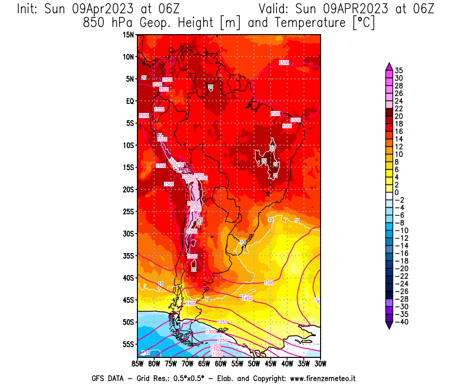 GFS analysi map - Geopotential [m] and Temperature [°C] at 850 hPa in South America
									on 09/04/2023 06 <!--googleoff: index-->UTC<!--googleon: index-->